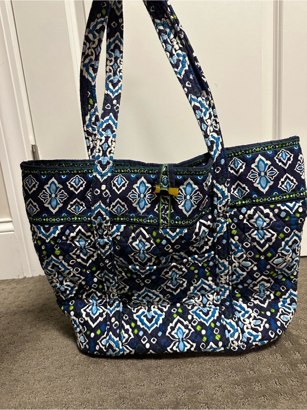 Vera Bradley Navy Blue Quilted Tote with Light Blue, White & Green Pattern